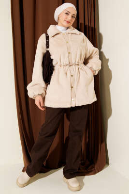 Bel Tünelli Çıtçıtlı Peluş Ceket Bej - Ceket