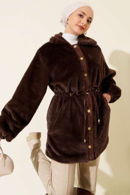 Bel Tünelli Çıtçıtlı Peluş Ceket Kahve - VAV TEKSTİL