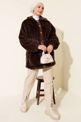 Bel Tünelli Çıtçıtlı Peluş Ceket Kahve - Ceket