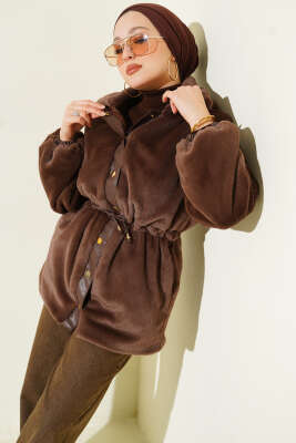 Bel Tünelli Çıtçıtlı Peluş Ceket Kahve - VAV TEKSTİL