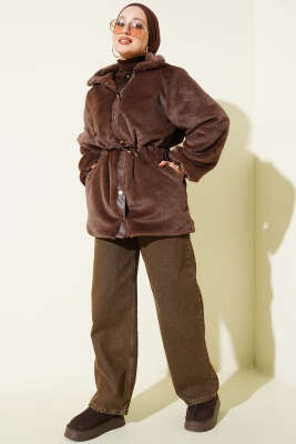 Bel Tünelli Çıtçıtlı Peluş Ceket Kahve - Ceket