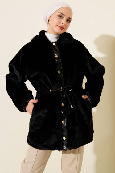 Bel Tünelli Çıtçıtlı Peluş Ceket Siyah - Ceket