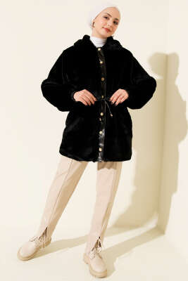 Bel Tünelli Çıtçıtlı Peluş Ceket Siyah - Ceket