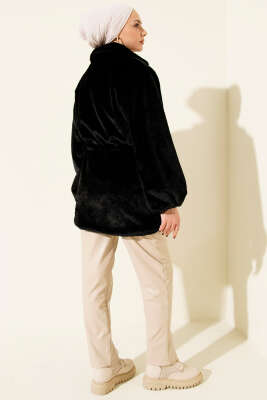 Bel Tünelli Çıtçıtlı Peluş Ceket Siyah - Ceket