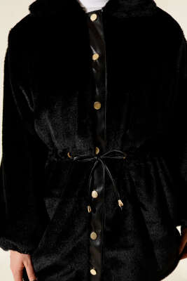 Bel Tünelli Çıtçıtlı Peluş Ceket Siyah - Ceket
