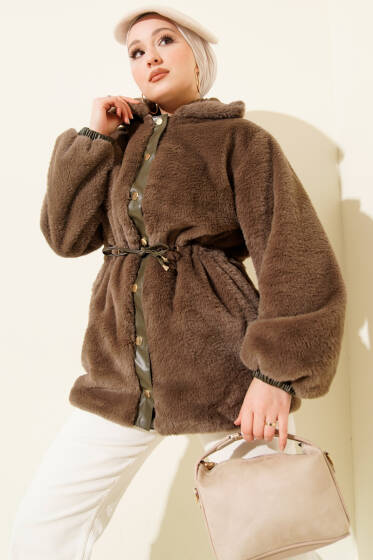 Bel Tünelli Çıtçıtlı Peluş Ceket Vizon - Ceket