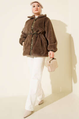 Bel Tünelli Çıtçıtlı Peluş Ceket Vizon - Ceket