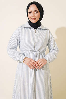 Bel Tünelli Çizgili Gofre Elbise Açık Mavi - HBS