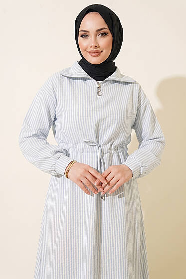 Bel Tünelli Çizgili Gofre Elbise Açık Mavi - Elbise