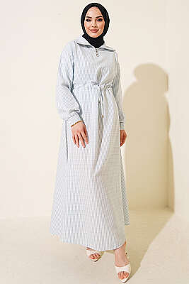 Bel Tünelli Çizgili Gofre Elbise Açık Mavi - Elbise