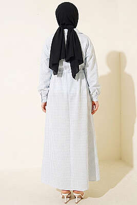 Bel Tünelli Çizgili Gofre Elbise Açık Mavi - Elbise