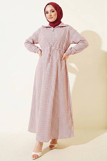 Bel Tünelli Çizgili Gofre Elbise Bordo - Elbise