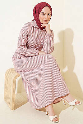 Bel Tünelli Çizgili Gofre Elbise Bordo - Elbise