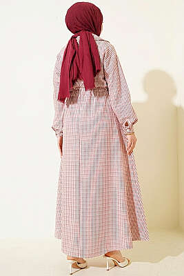 Bel Tünelli Çizgili Gofre Elbise Bordo - Elbise