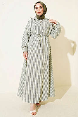 Bel Tünelli Çizgili Gofre Elbise Haki 