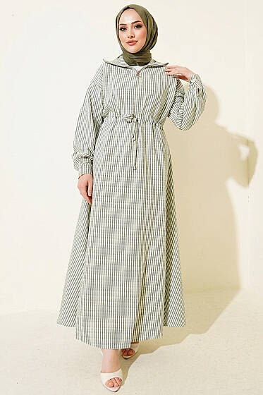 Bel Tünelli Çizgili Gofre Elbise Haki - Elbise