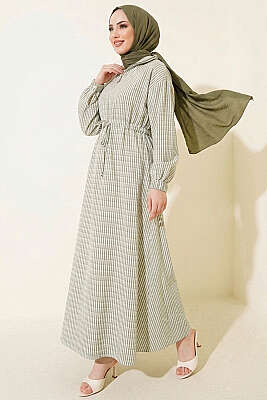 Bel Tünelli Çizgili Gofre Elbise Haki - Elbise