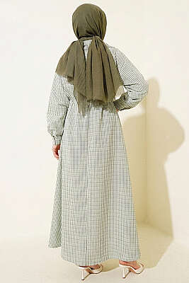 Bel Tünelli Çizgili Gofre Elbise Haki - Elbise