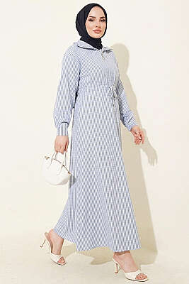 Bel Tünelli Çizgili Gofre Elbise Mavi 