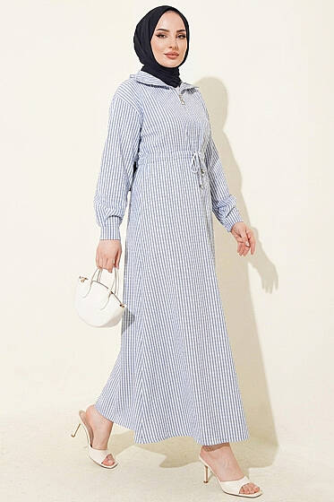 Bel Tünelli Çizgili Gofre Elbise Mavi - Elbise