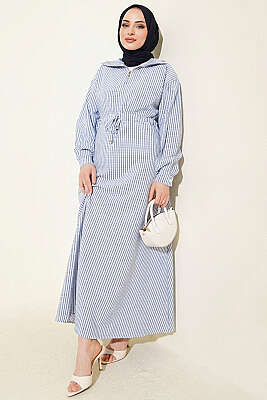 Bel Tünelli Çizgili Gofre Elbise Mavi - Elbise
