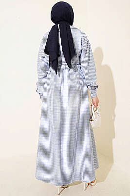 Bel Tünelli Çizgili Gofre Elbise Mavi - Elbise