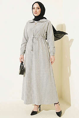 Bel Tünelli Çizgili Gofre Elbise Siyah 