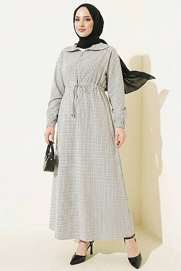 Bel Tünelli Çizgili Gofre Elbise Siyah - Elbise