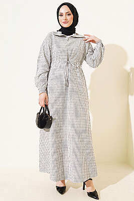 Bel Tünelli Çizgili Gofre Elbise Siyah - Elbise