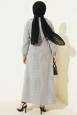 Bel Tünelli Çizgili Gofre Elbise Siyah - Elbise