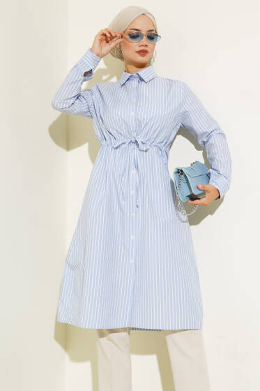 Bel Tünelli Çizgili Uzun Gömlek Buz Mavisi - Gömlek