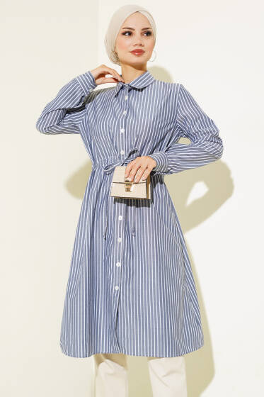 Bel Tünelli Çizgili Uzun Gömlek Lacivert - Gömlek