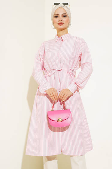 Bel Tünelli Çizgili Uzun Gömlek Pembe - Gömlek