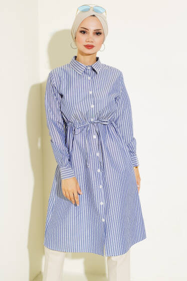 Bel Tünelli Çizgili Uzun Gömlek Saks - Gömlek