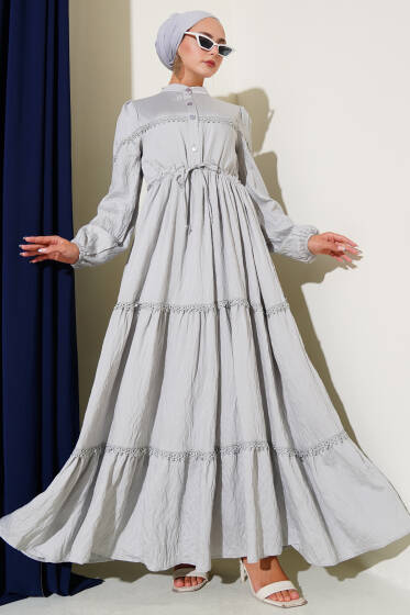 Bel Tünelli Dantel Detaylı Elbise Gri - Elbise