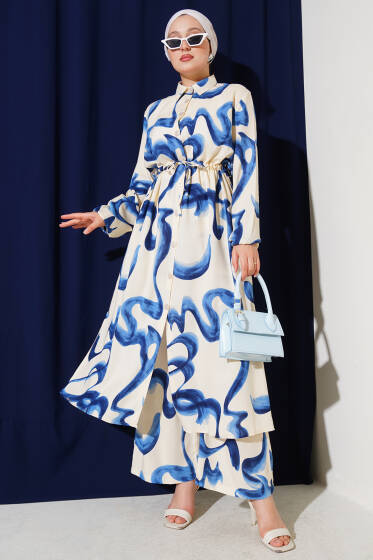 Bel Tünelli Desenli Uzun Gömlek İkili Takım İndigo - İKİLİ TAKIM