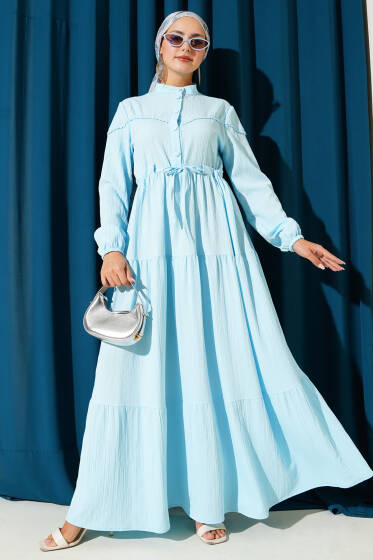 Bel Tünelli Düğmeli Ağaç Kabuğu Elbise Bebe Mavi - Elbise