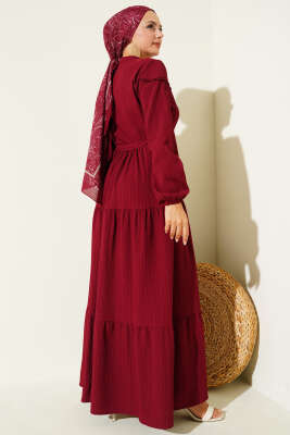 Bel Tünelli Düğmeli Ağaç Kabuğu Elbise Bordo - 700-1000 TL Ürünler