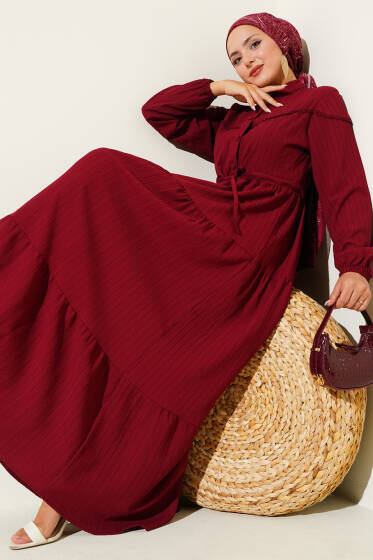 Bel Tünelli Düğmeli Ağaç Kabuğu Elbise Bordo - Elbise