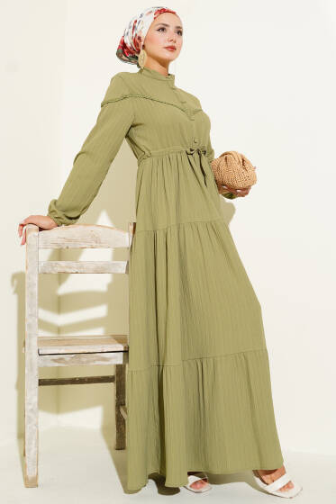 Bel Tünelli Düğmeli Ağaç Kabuğu Elbise Çağla Yeşili - Elbise