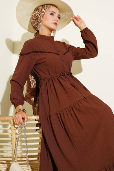 Bel Tünelli Düğmeli Ağaç Kabuğu Elbise Kahve - Elbise