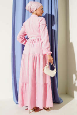 Bel Tünelli Düğmeli Ağaç Kabuğu Elbise Pembe - 700-1000 TL Ürünler