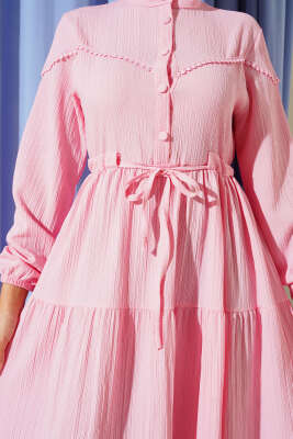 Bel Tünelli Düğmeli Ağaç Kabuğu Elbise Pembe - 700-1000 TL Ürünler
