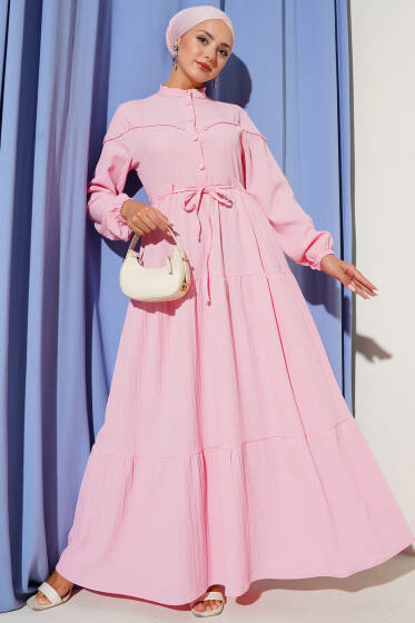 Bel Tünelli Düğmeli Ağaç Kabuğu Elbise Pembe - Elbise