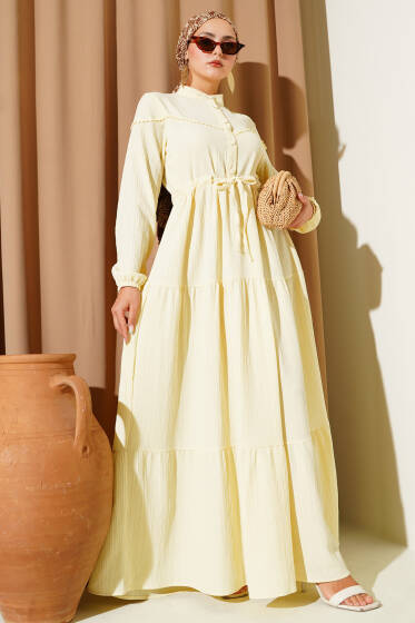 Bel Tünelli Düğmeli Ağaç Kabuğu Elbise Sarı - Elbise