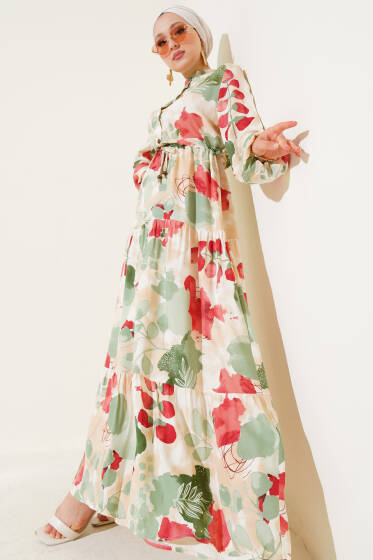 Bel Tünelli Düğmeli Desenli Elbise Çağla Yeşili - Elbise