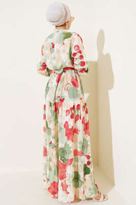 Bel Tünelli Düğmeli Desenli Elbise Çağla Yeşili - Tesettür Elbise