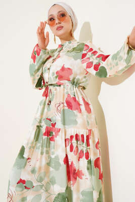 Bel Tünelli Düğmeli Desenli Elbise Çağla Yeşili - Tesettür Elbise