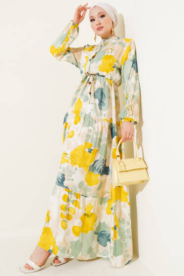 Bel Tünelli Düğmeli Desenli Elbise Hardal - Elbise