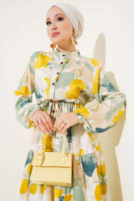 Bel Tünelli Düğmeli Desenli Elbise Hardal - Tesettür Elbise